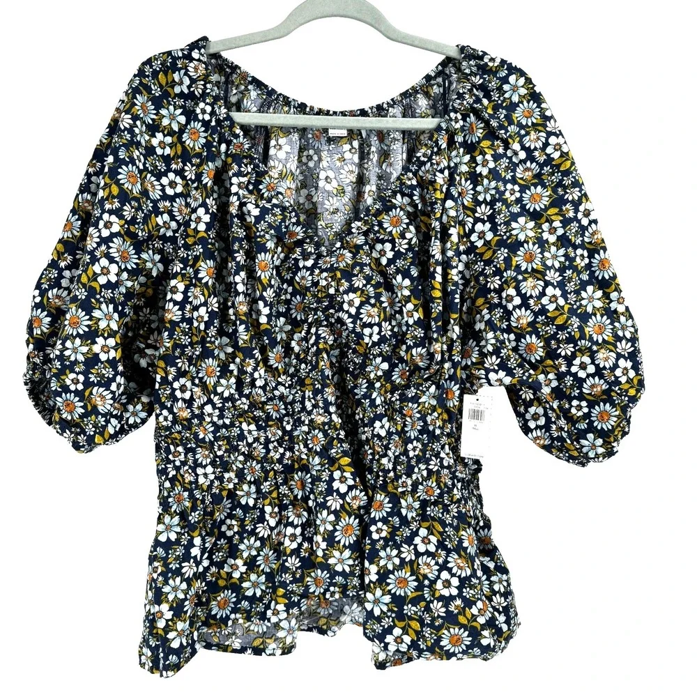 Old Navy Babydoll Peasant Smocked Top Womens XL Tall Blue Floral Puff Sleeve NEW